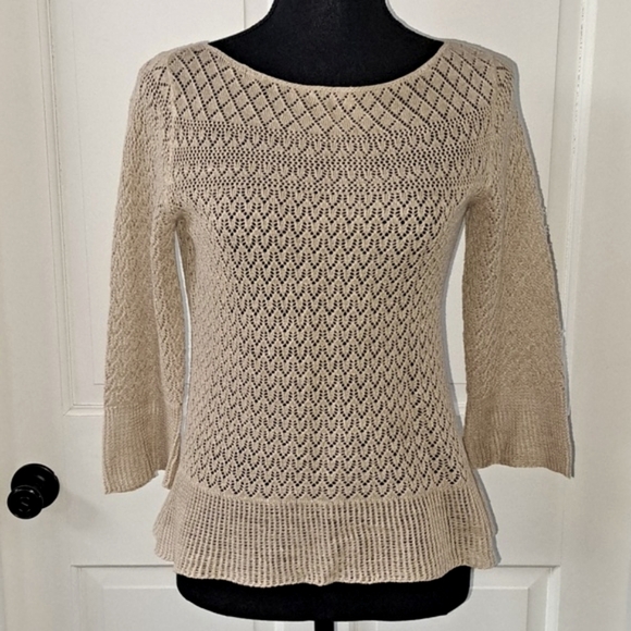 Lauren Ralph Lauren Textured Knit Petite 100% Linen Cut Out 3/4 Sleeves Top - Picture 1 of 9